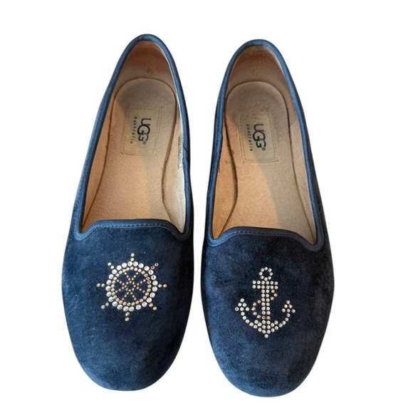 UGG Navy Blue Alloway Crystal Bow Flats Nautical Anchor Slip On Velvet Size 6 - Picture 10 of 11